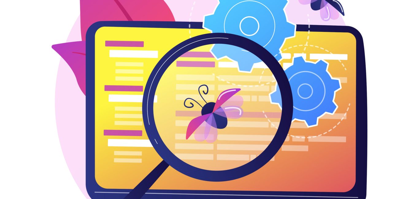 Bug fixing and software testing. Computer virus searching tool. Devops, web optimization, antivirus app. Magnifier, cogwheel and monitor design element. Vector isolated concept metaphor illustration
