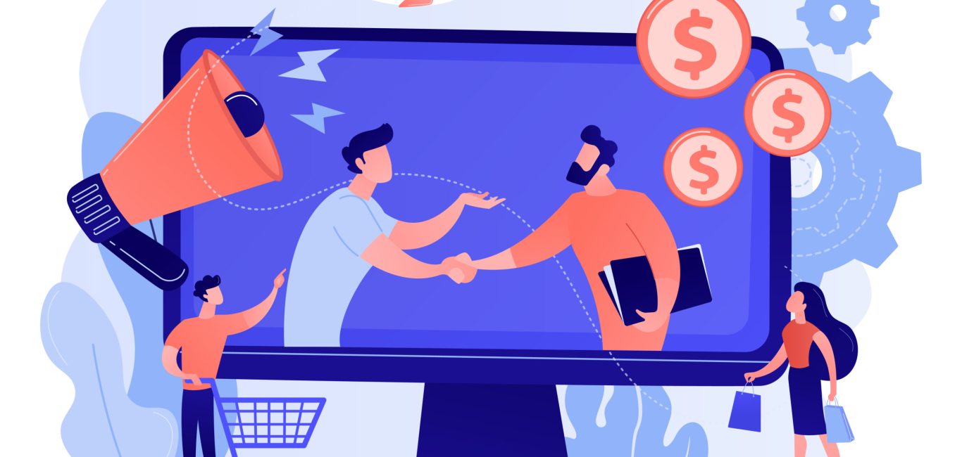 Profitable partnership, business partners cowork. Affiliate marketing, cost effective marketing solution, affiliate marketing management concept. Pink coral blue vector isolated illustration