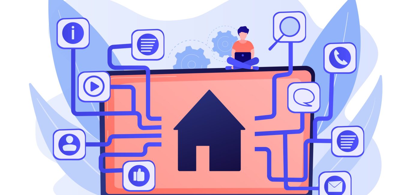 Development service, smart house, IOT technology, network programming. Sitemap creation, website content model, site navigation map concept. Pink coral blue vector isolated illustration