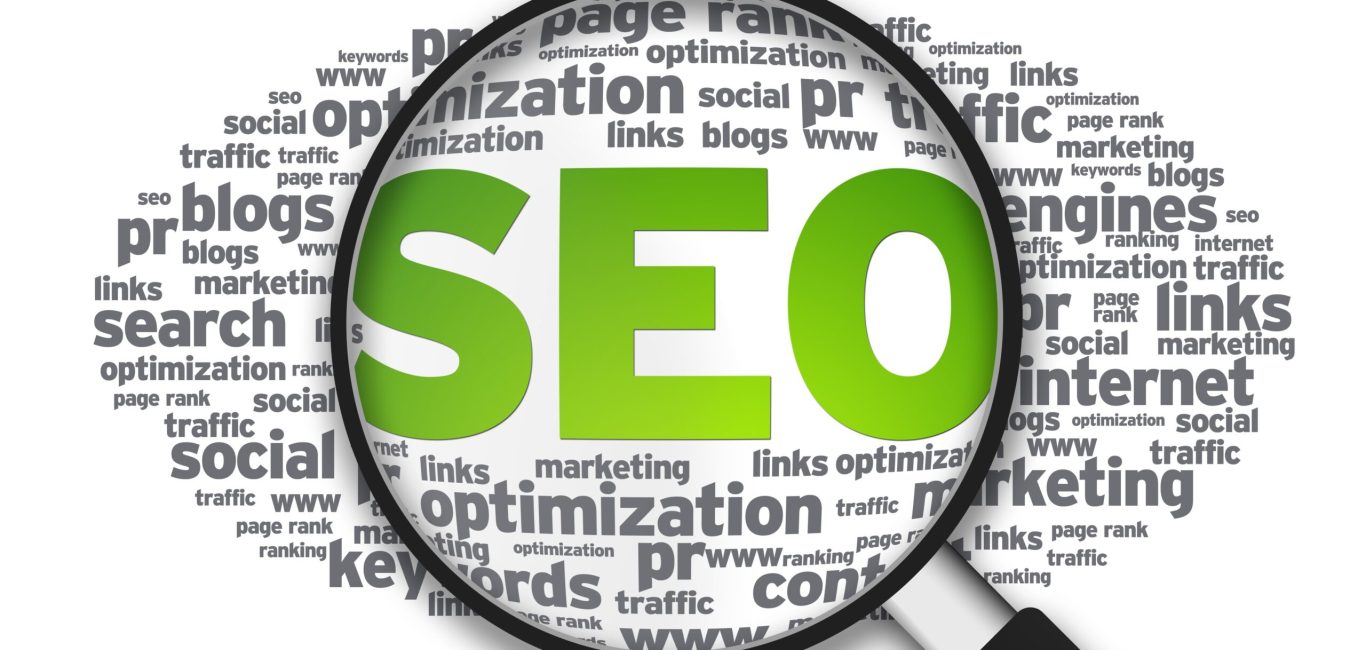 Magnified illustration with the words SEO on white background.