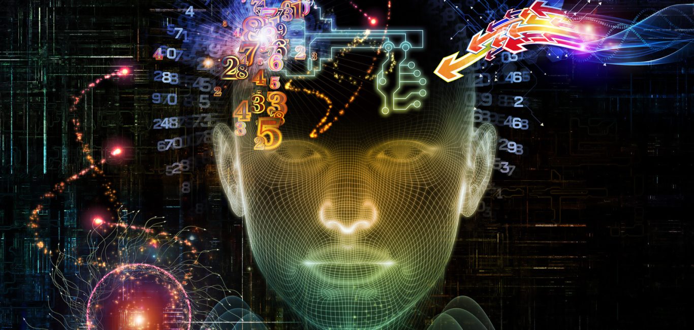 Composition of human head, key symbol and fractal design elements on the subject of encryption, security, digital communications, science and technology