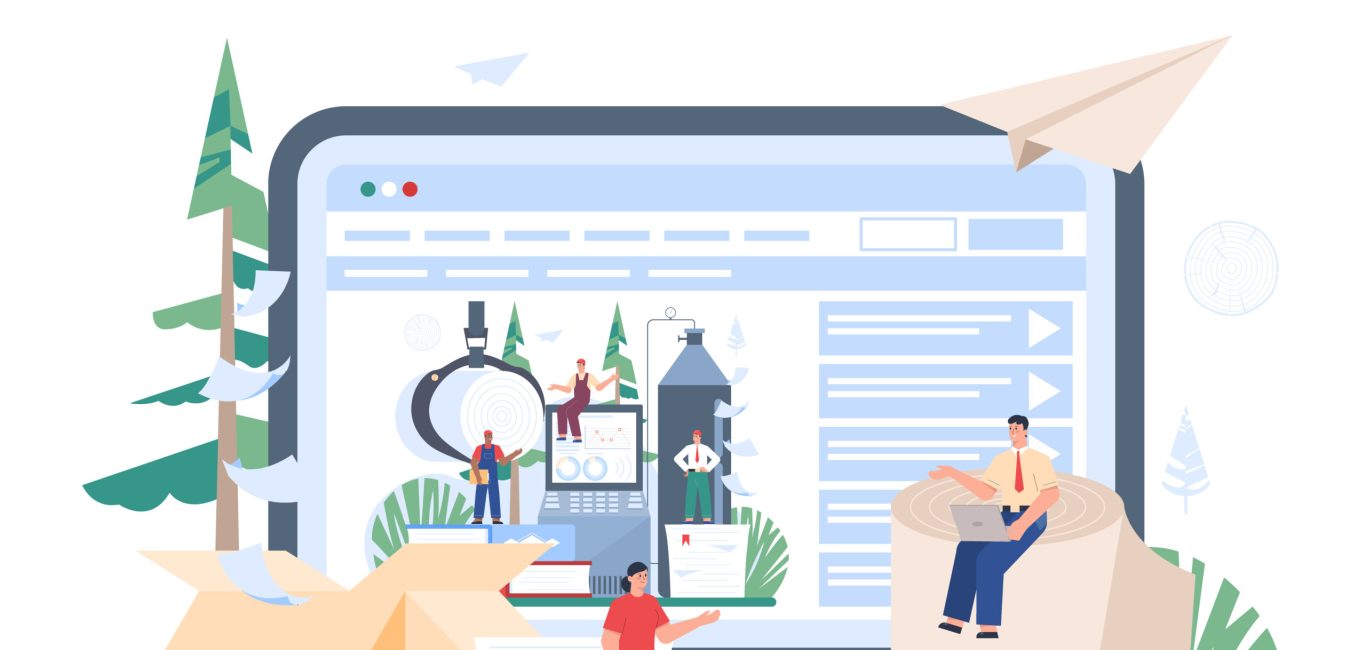 Paper production and wood processing online service or platform. Cutting wood and making paper and cardboard. Website. Isolated flat vector illustration